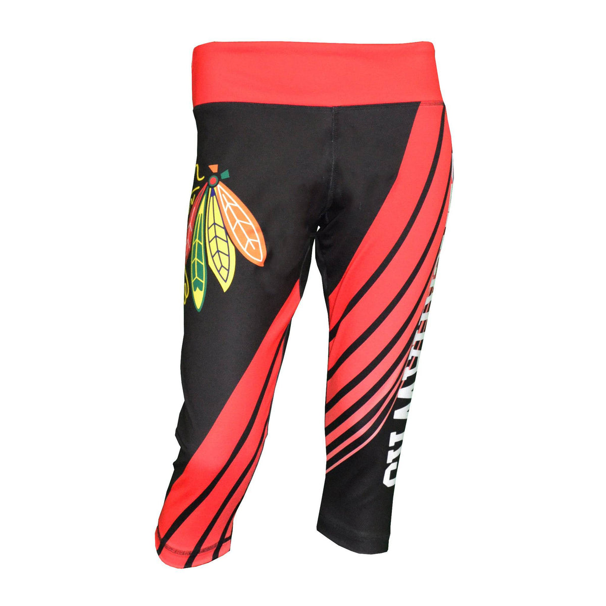 Chicago Blackhawks Black AOP Capri Leggings for Women product image 1, provided for visual reference and product detail