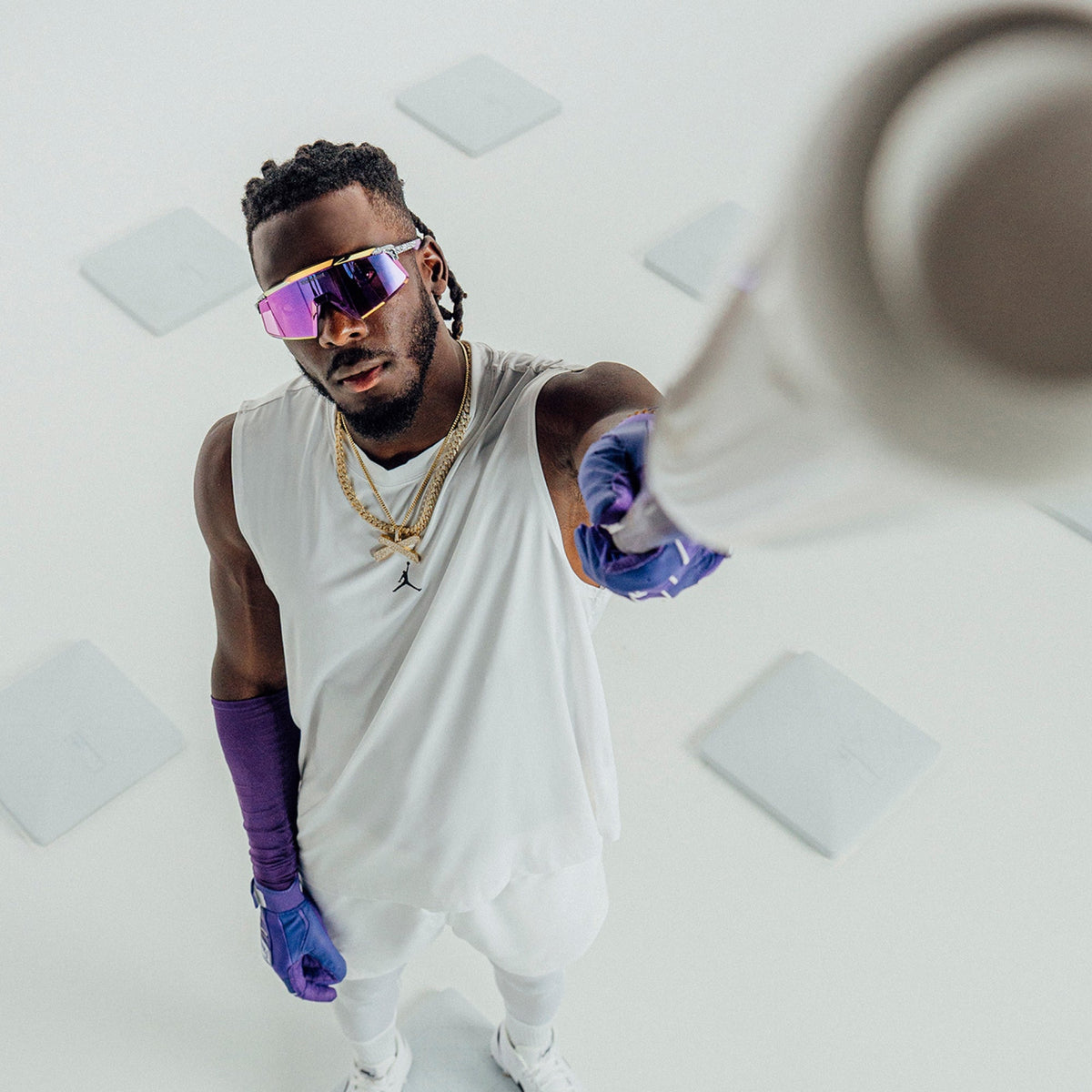 100% AEROCRAFT® Elly 3 White Venom Sunglasses – Purple Mirror Lens Performance Eyewear | Elly De La Cruz Signature
