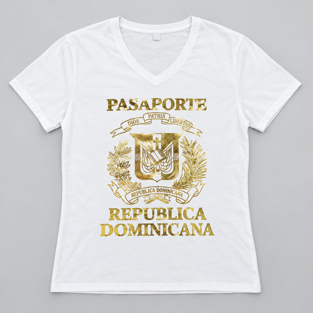 Dominican Shield Passport Light Silver foil V Neck product image 2, provided for visual reference and product detail review