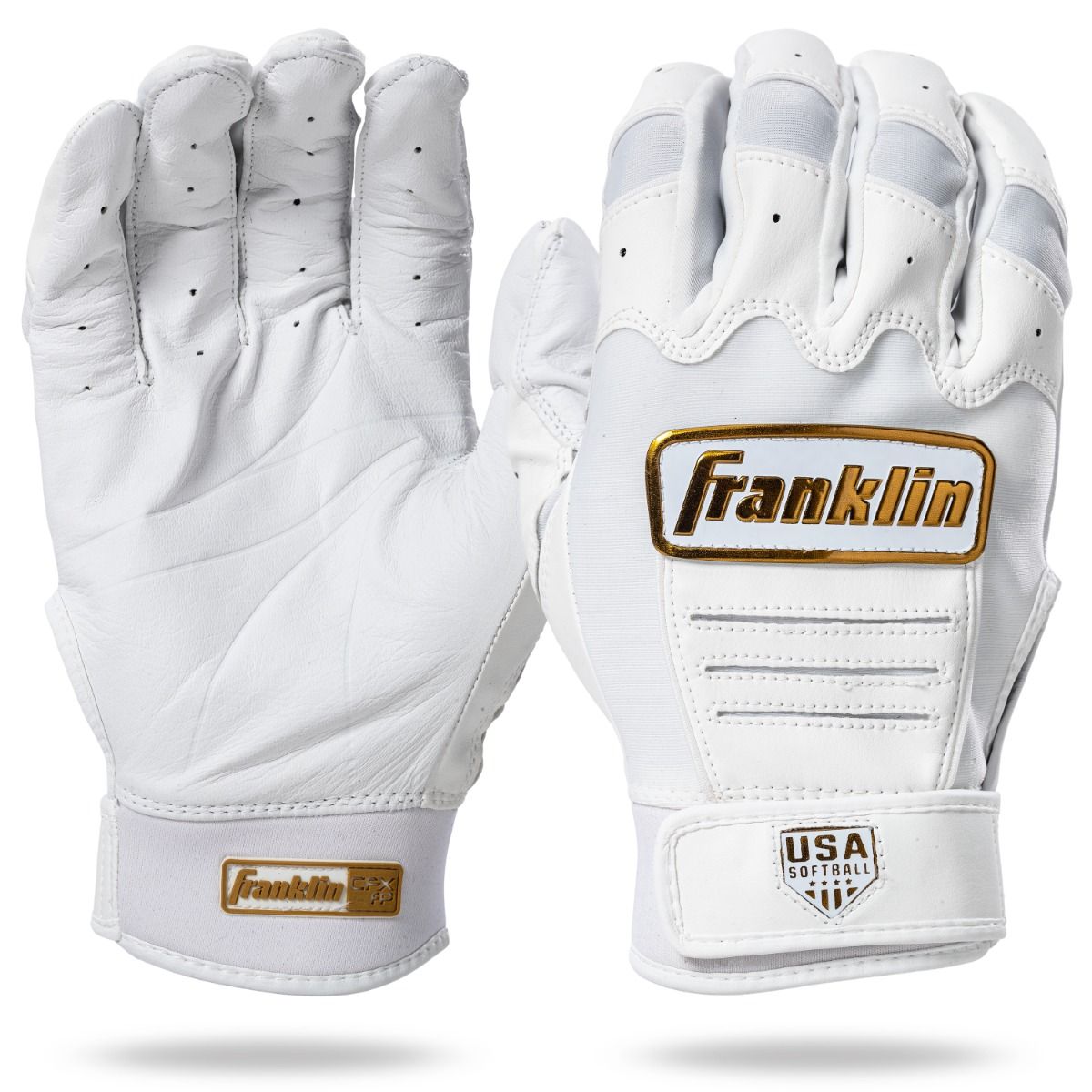 Franklin USA Women Softball CFX FP Batting Glove - White/Gold product image 1, provided for visual reference and product