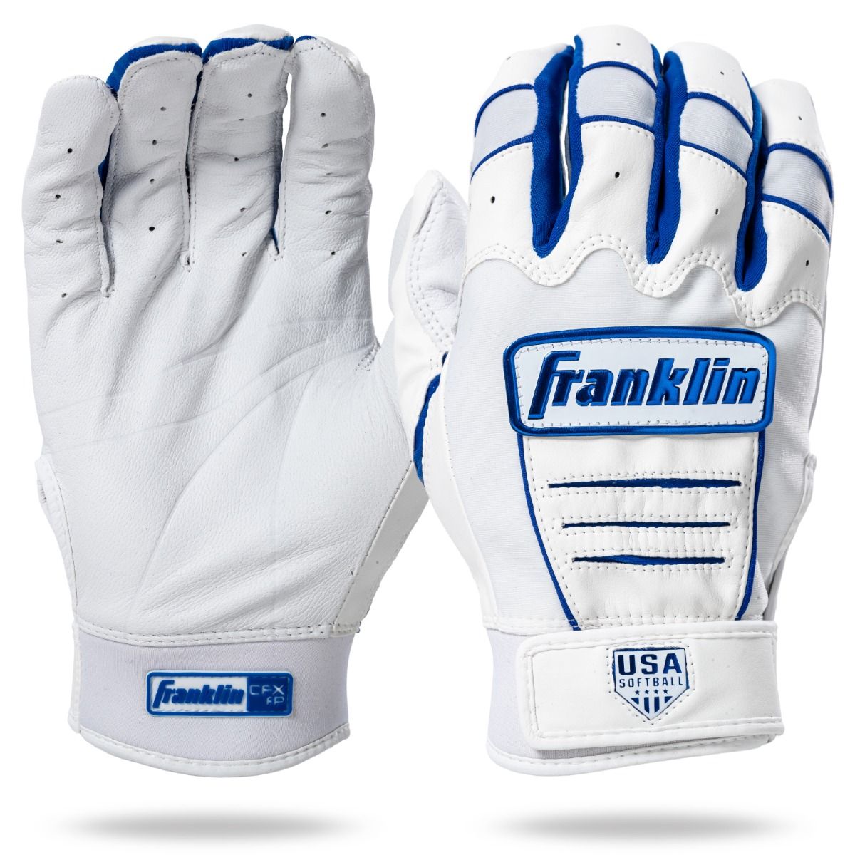 Franklin USA Women Softball CFX FP Batting Glove - White/Royal product image 1, provided for visual reference and product