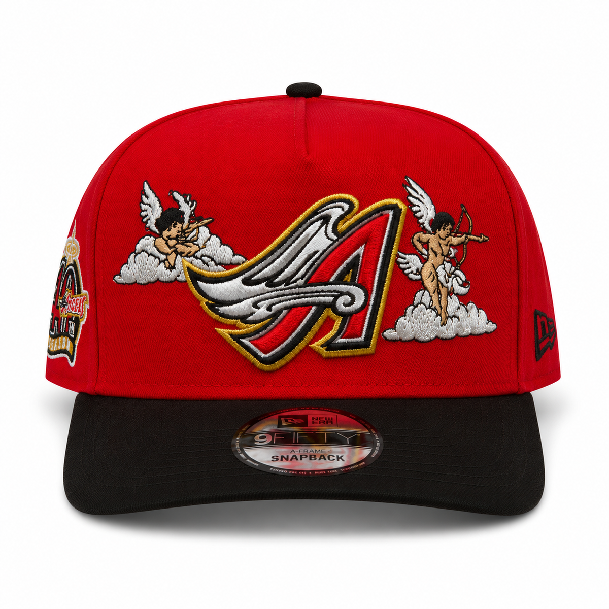 New Era Anaheim Angels 9FIFTY A-Frame Curved 40th Anniversary Patch Snapback Hat Red/Black | MLB Adjustable Cap product