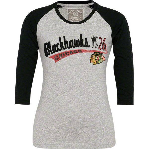 Old Time Hockey Chicago Blackhawks Ladies Ash-Black Ingrid Raglan 3/4 Length Sleeve Premium T-shirt product image 1,
