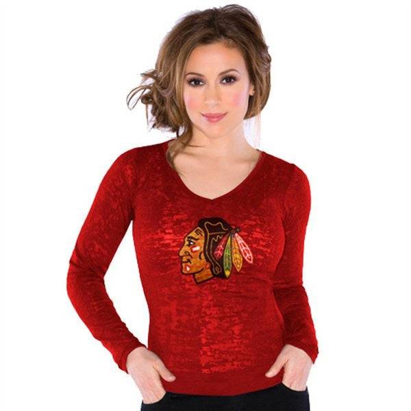 Chicago Blackhawks Ladies Burnout Thermal V-Neck Long Sleeve product image 1, provided for visual reference and product