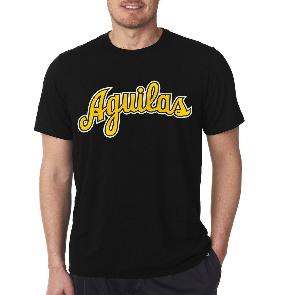 Aguilas Black T-Shirts with YELLOW-WHITE cursive letters product image 1, provided for visual reference and product detail