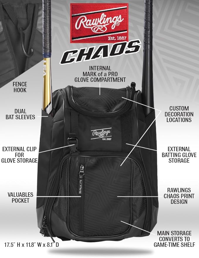 Rawlings Chaos Youth Baseball Softball Backpack – Sleek, Durable Gear Hauler product image 8, provided for visual reference