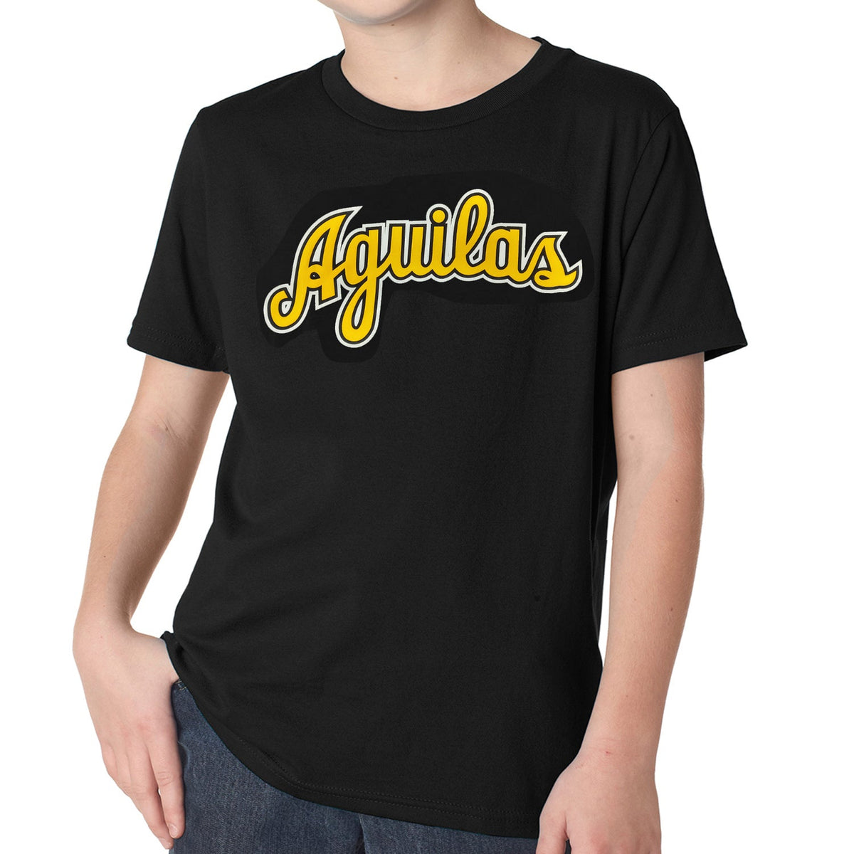 Aguilas Cibaenas YOUTH T-Shirts with YELLOW-WHITE cursive letters product image 1, provided for visual reference and product