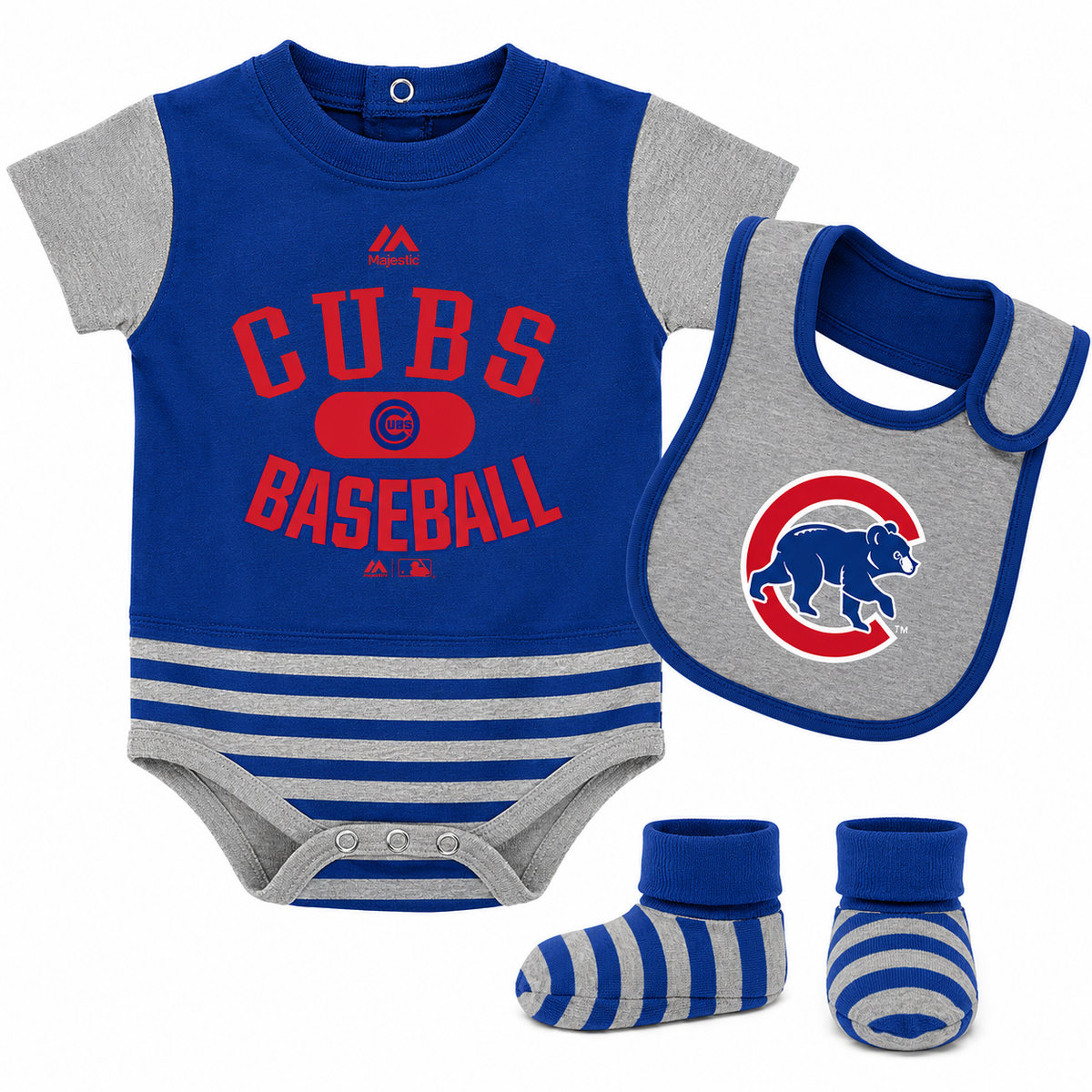 Chicago Cubs Majestic Newborn & Infant Baseball Property Bodysuit, Bootie & Bib Set - Royal/Gray product image 1, provided