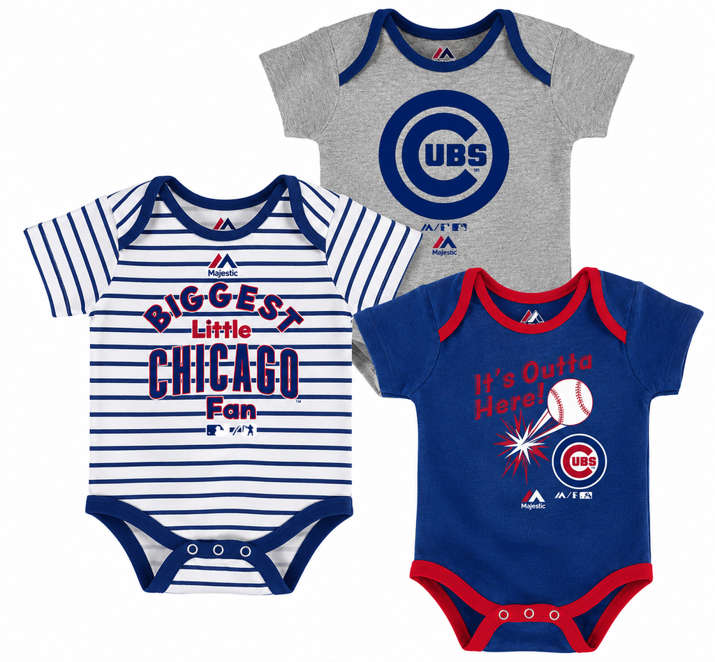 Newborn Chicago Cubs Home Run 3-Pack Bodysuit Set By Majestic product image 1, provided for visual reference and product