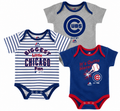 Newborn Chicago Cubs Home Run 3-Pack Bodysuit Set By Majestic product image 1, provided for visual reference and product