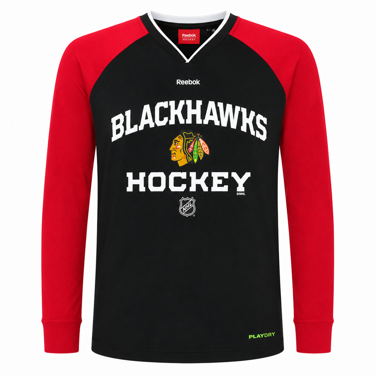 Chicago Blackhawks NHL Youth Black Reebok PlayDry Long Sleeve Shirt product image 1, provided for visual reference and