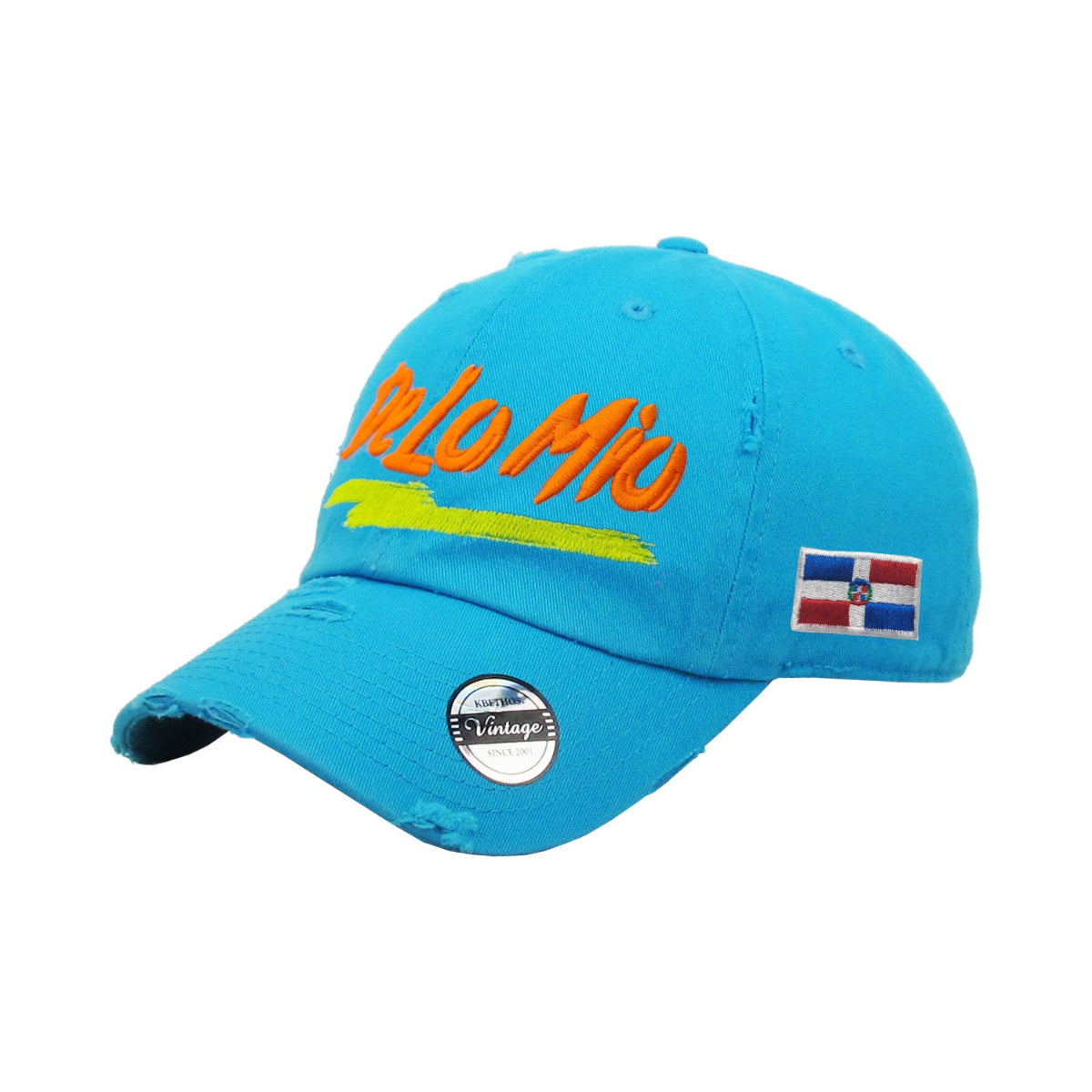 De lo mio embroidered Logo Vintage Hats (Neon Blue - Full Color) product image 1, provided for visual reference and product