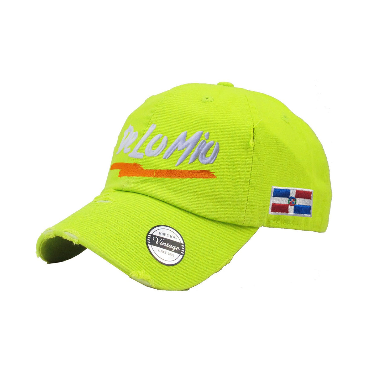 De lo mio embroidered Logo Vintage Hats (Neon Lime-Full Color) product image 1, provided for visual reference and product