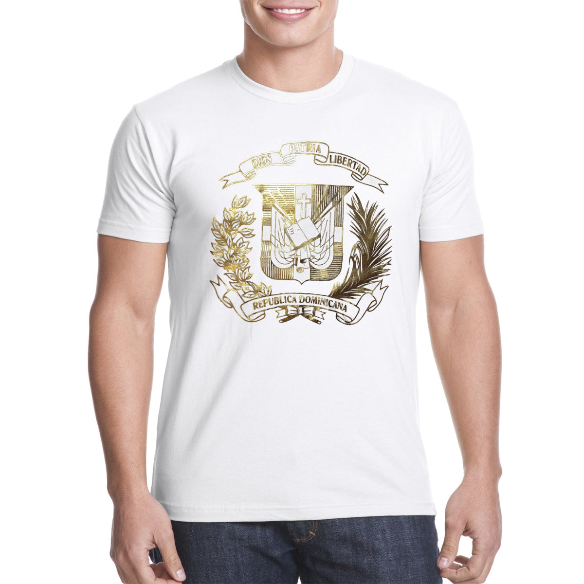 Dominican Shield Premium T-Shirt Design Metalic Gold – Light and Soft product image 5, provided for visual reference and