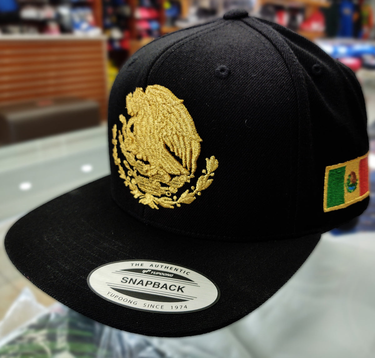 Embroidered Shield and flag Snapback Mexico Black - Gold Hat product image 2, provided for visual reference and product