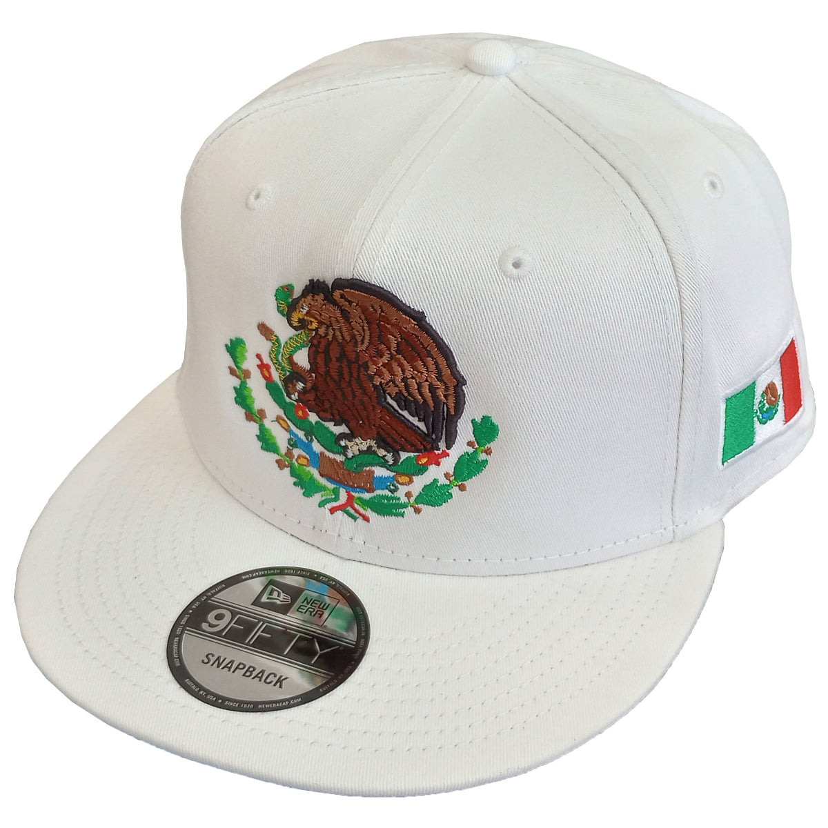 Embroidered Shield and flag Snapback Mexico New Era White Hat product image 1, provided for visual reference and product