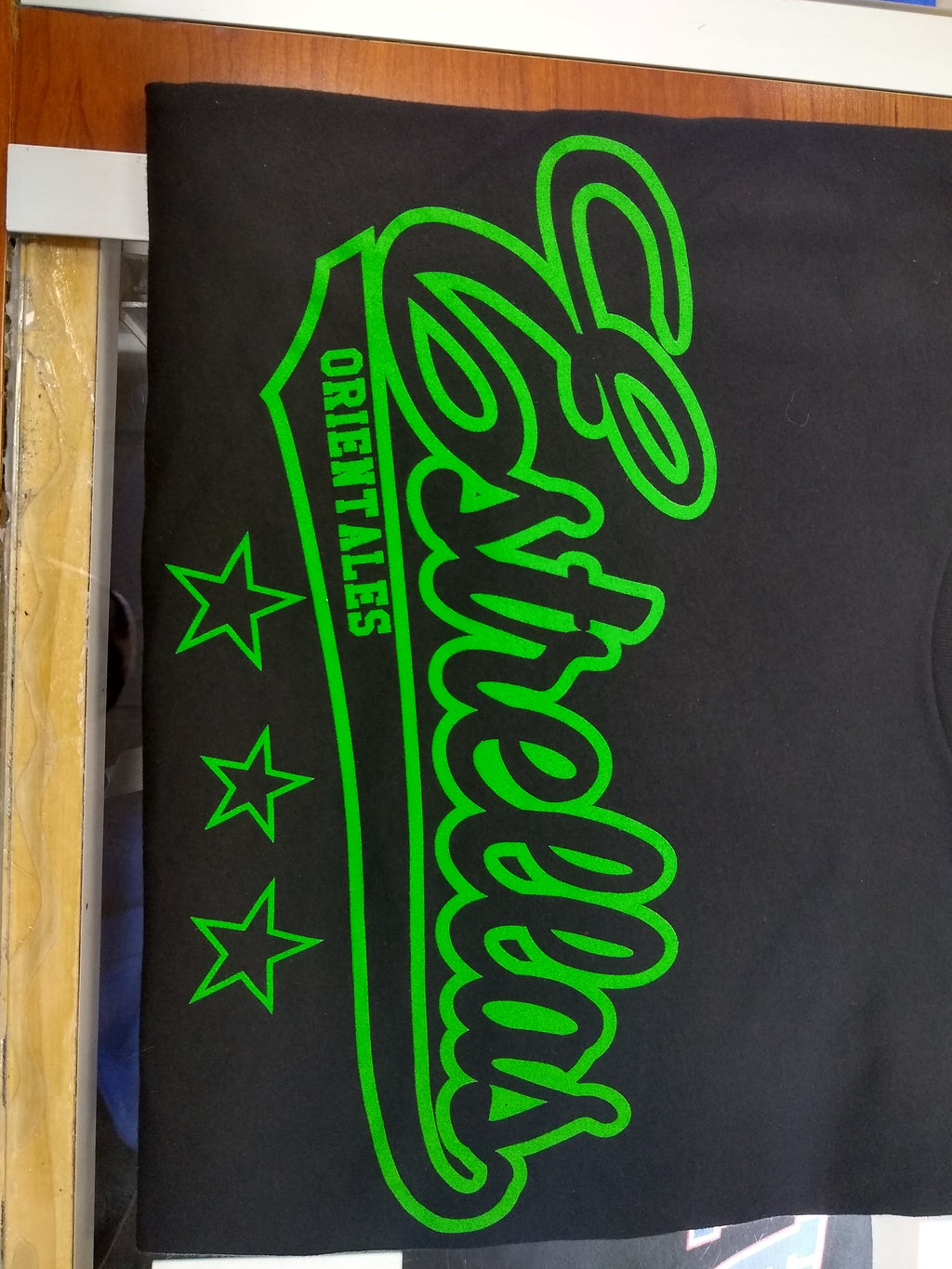 Estrellas Orientales black letter-green-border T-Shirts product image 2, provided for visual reference and product detail