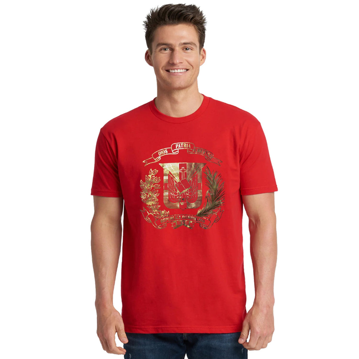 Dominican Shield Premium T-Shirt Design Metalic Gold – Light and Soft product image 7, provided for visual reference and
