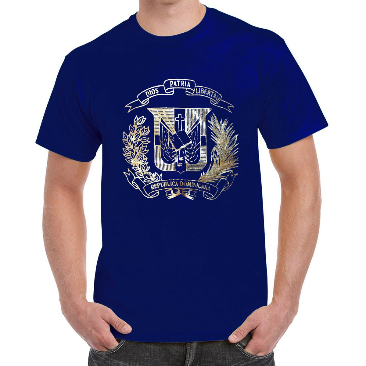 Dominican Republic Emblem T-Shirt – Metallic Gold Foil product image 1, provided for visual reference and product detail