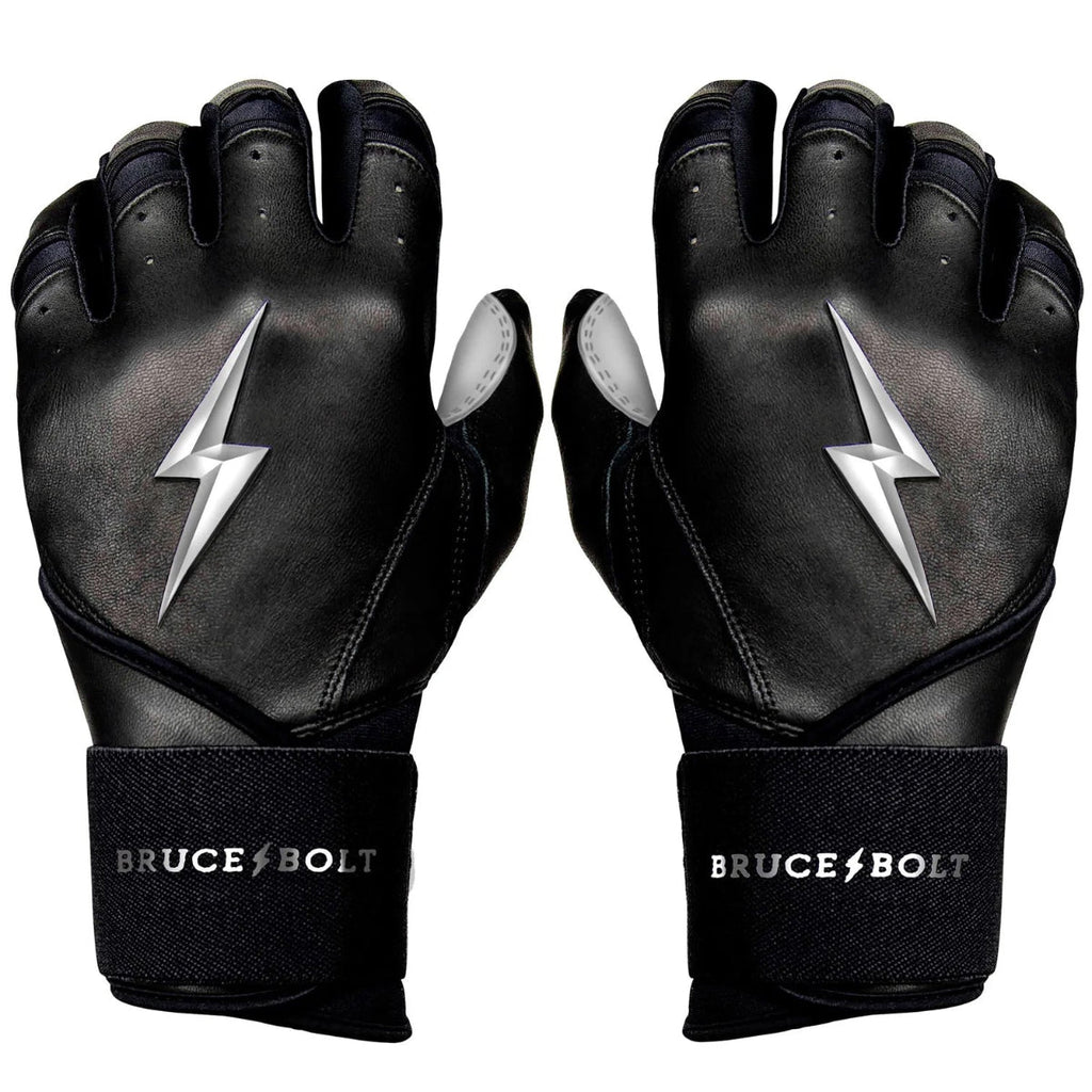 Bruce Bolt Premium Pro Chrome Series Long Cuff Batting Gloves - Black/Chrome product image 1, provided for visual reference