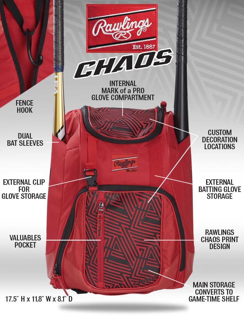 Rawlings Chaos Youth Baseball Softball Backpack – Sleek, Durable Gear Hauler product image 2, provided for visual reference