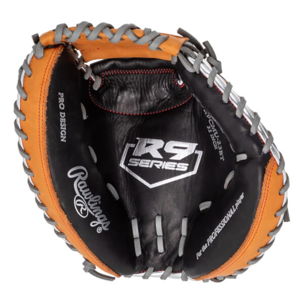 Rawlings R9CMU 23BT 32” Youth RHT Catcher’s Mitt – R9 Series Black/Tan | Durable Leather, Reinforced Palm & Quick Break-In