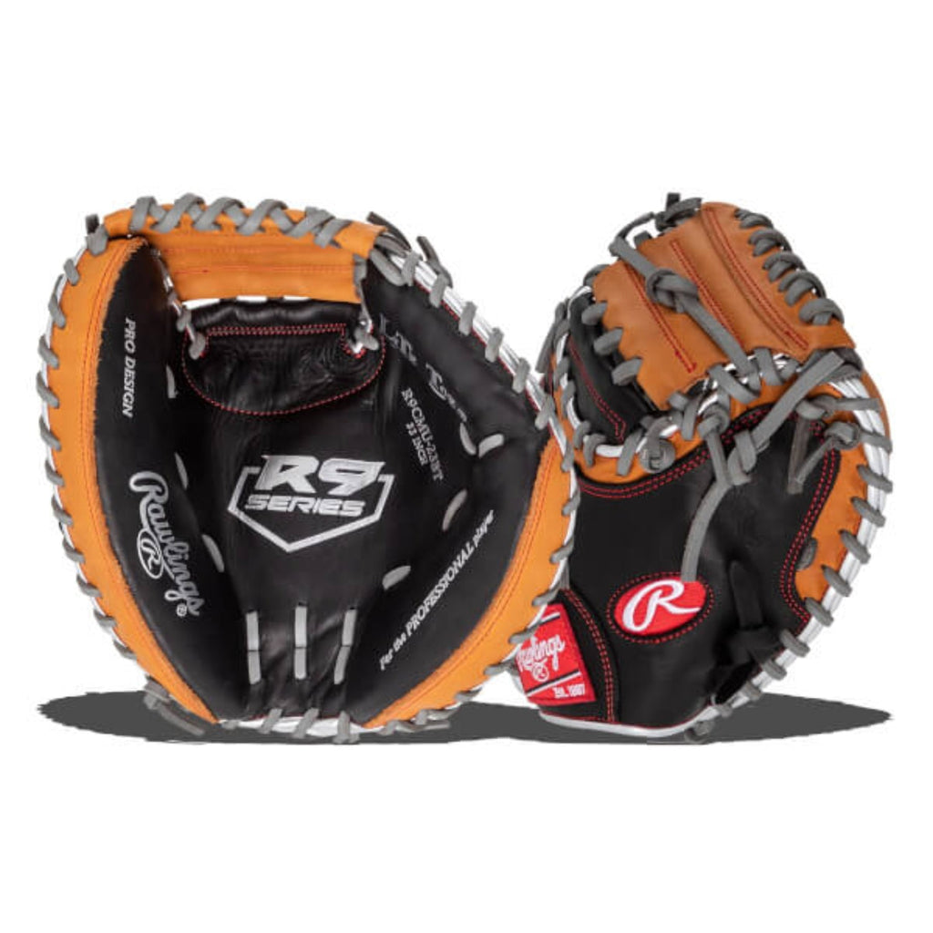 Rawlings R9CMU 23BT 32” Youth RHT Catcher’s Mitt – R9 Series Black/Tan | Durable Leather, Reinforced Palm & Quick Break-In