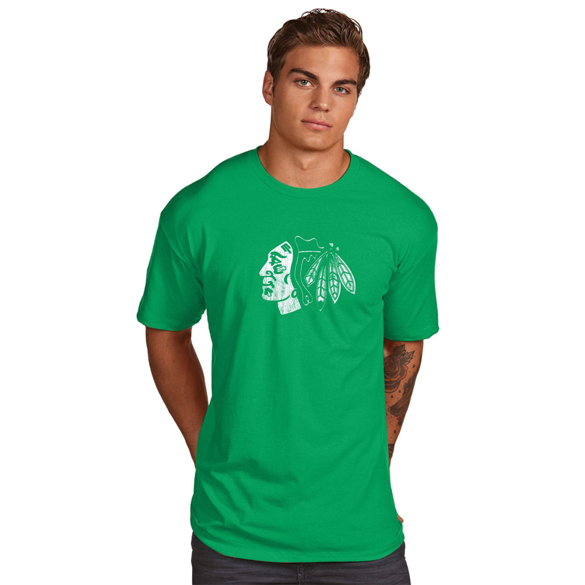 Mens Chicago Blackhawks St. Patrick's Day Distressed Primary Logo Superior T-Shirt product image 1, provided for visual