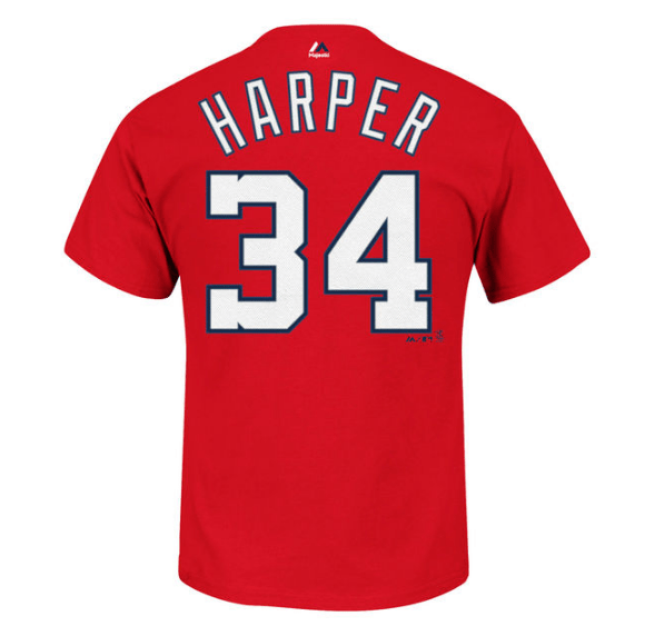 Washington Nationals Bryce Harper Majestic Red Official Name and Number T-Shirt product image 2, provided for visual