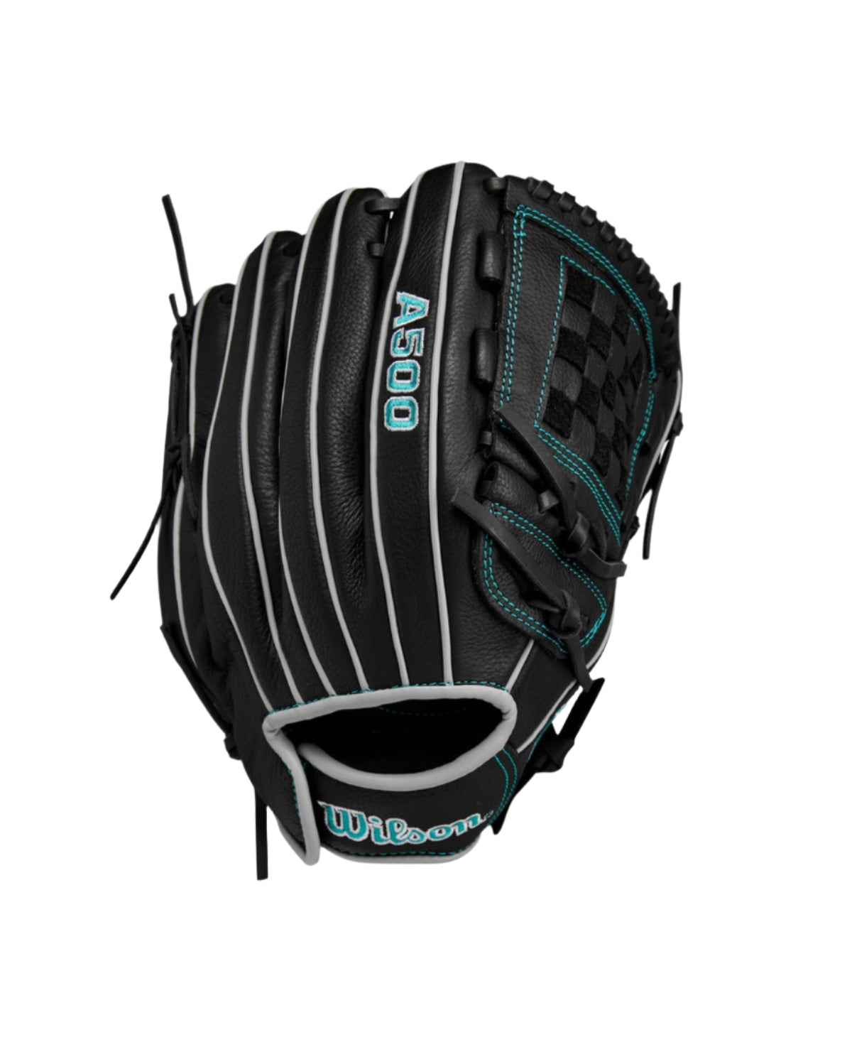 Youth - Wilson A500 Siren 12" Softball Glove Black / Teal product image 1, provided for visual reference and product detail