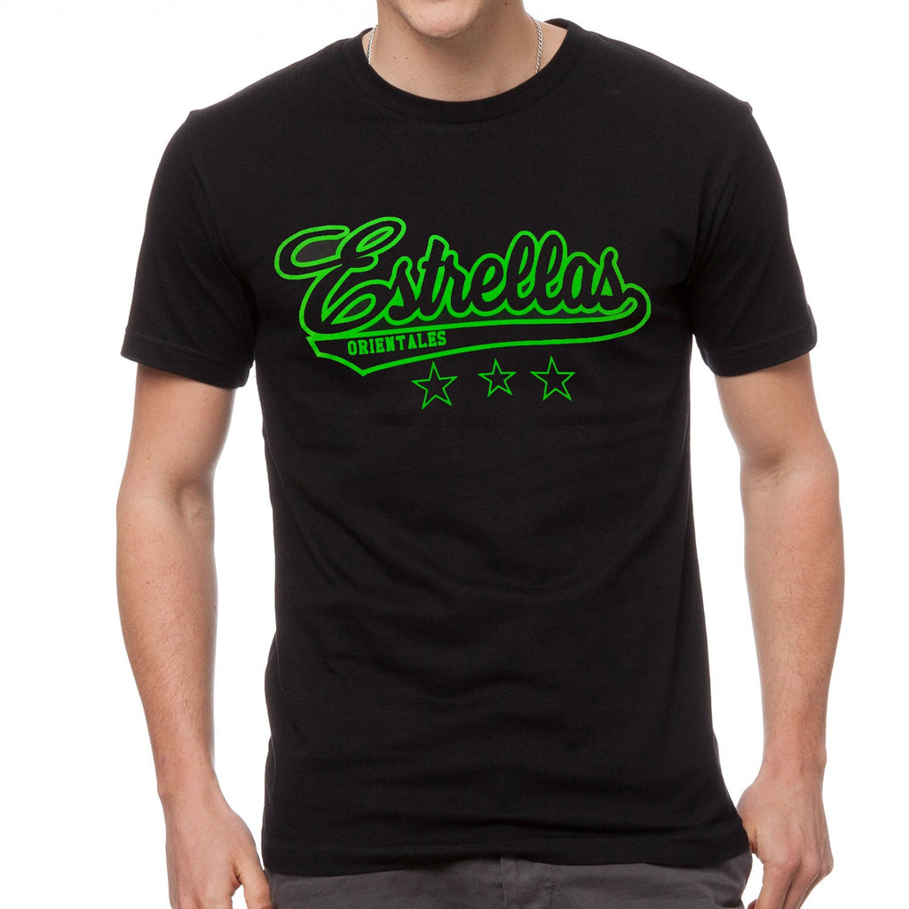 Estrellas Orientales black letter-green-border T-Shirts product image 1, provided for visual reference and product detail