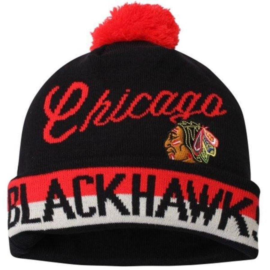 Youth Chicago Blackhawks CCM Black Vintage Retro Cuffed Hat with Pom product image 1, provided for visual reference and