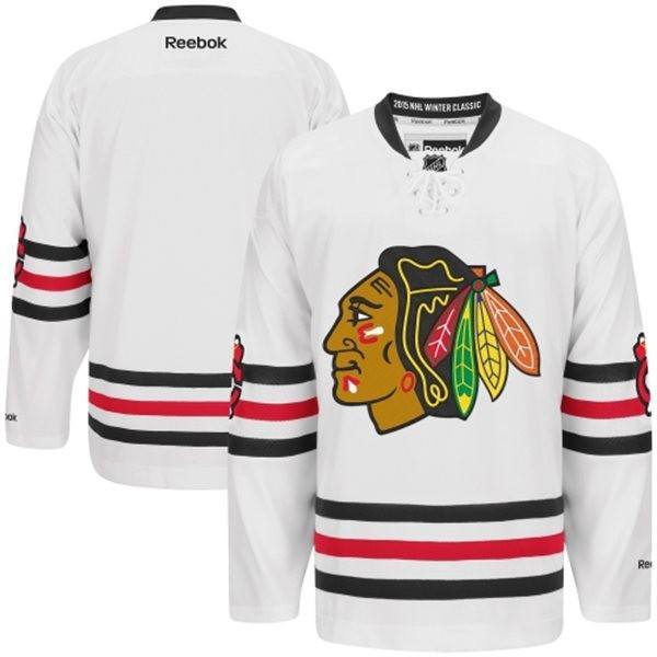 Mens Chicago Blackhawks Reebok White 2015 Winter Classic Premier Jersey product image 1, provided for visual reference and