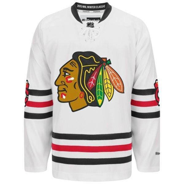 Mens Chicago Blackhawks Reebok White 2015 Winter Classic Premier Jersey product image 2, provided for visual reference and