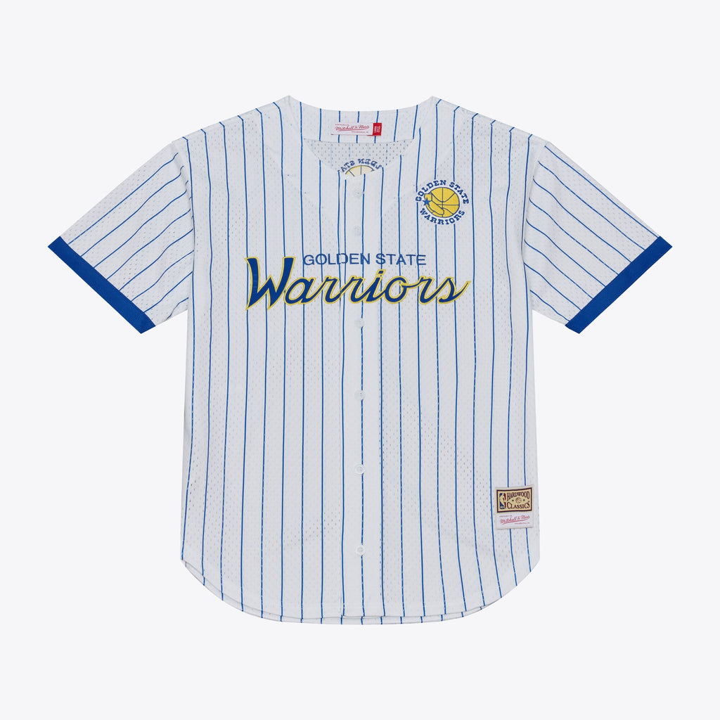 Golden State Warriors Mitchell & Ness White Head Coach Pinstripe Mesh Full-Button Baseball Jersey for Men product image 2,