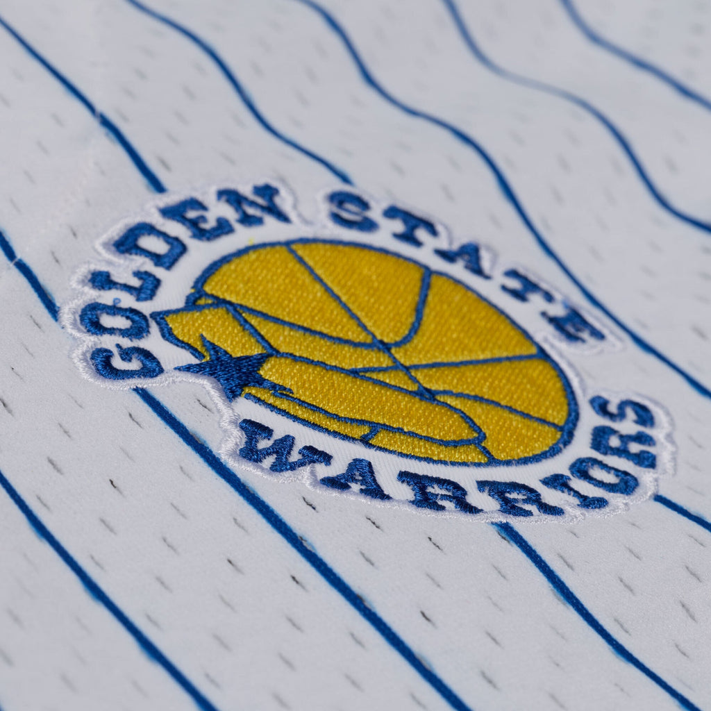 Golden State Warriors Mitchell & Ness White Head Coach Pinstripe Mesh Full-Button Baseball Jersey for Men product image 6,