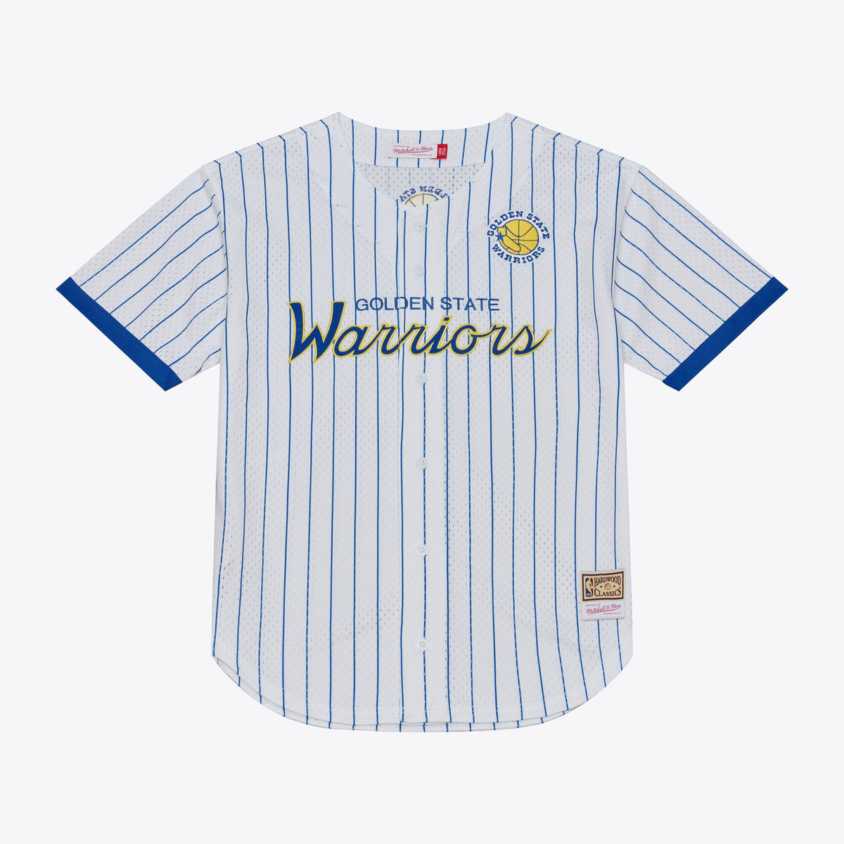Golden State Warriors Mitchell & Ness White Head Coach Pinstripe Mesh Full-Button Baseball Jersey for Men product image 1,