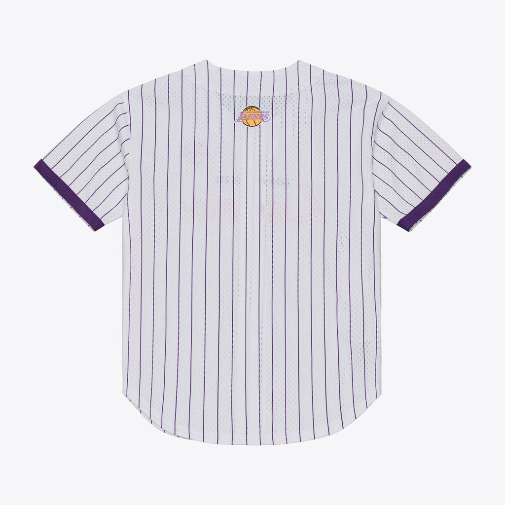 Los Angeles Lakers Mitchell & Ness White Head Coach Pinstripe Mesh Full-Button Baseball Jersey for Men product image 3,