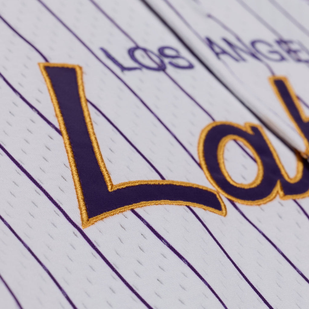 Los Angeles Lakers Mitchell & Ness White Head Coach Pinstripe Mesh Full-Button Baseball Jersey for Men product image 6,