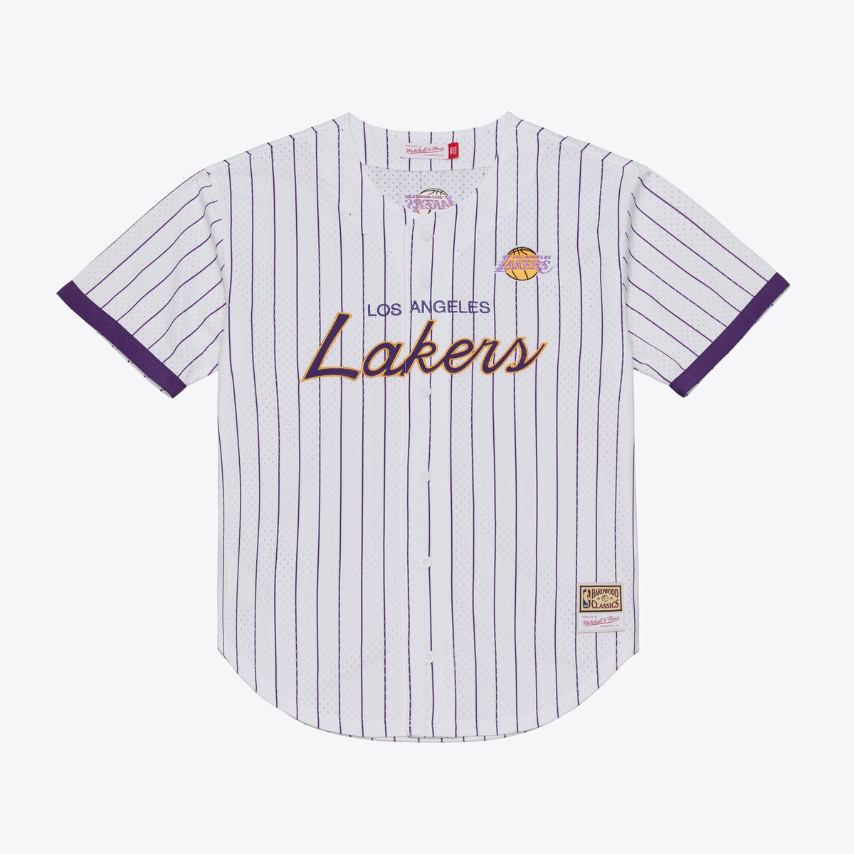 Los Angeles Lakers Mitchell & Ness White Head Coach Pinstripe Mesh Full-Button Baseball Jersey for Men product image 1,