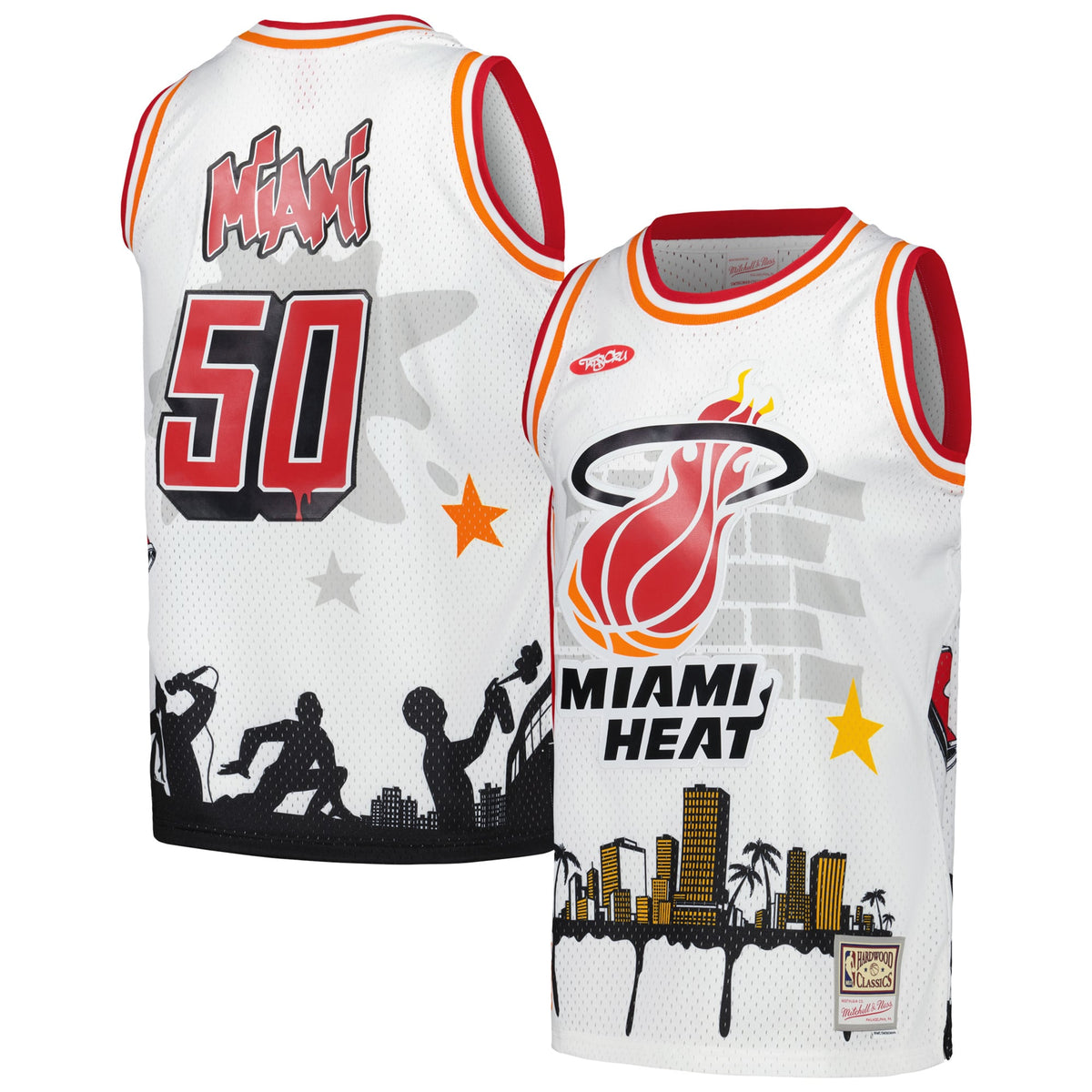 Miami Heat Mitchell & Ness x Tats Cru White Hardwood Classics Fashion Jersey for Men product image 2, provided for visual