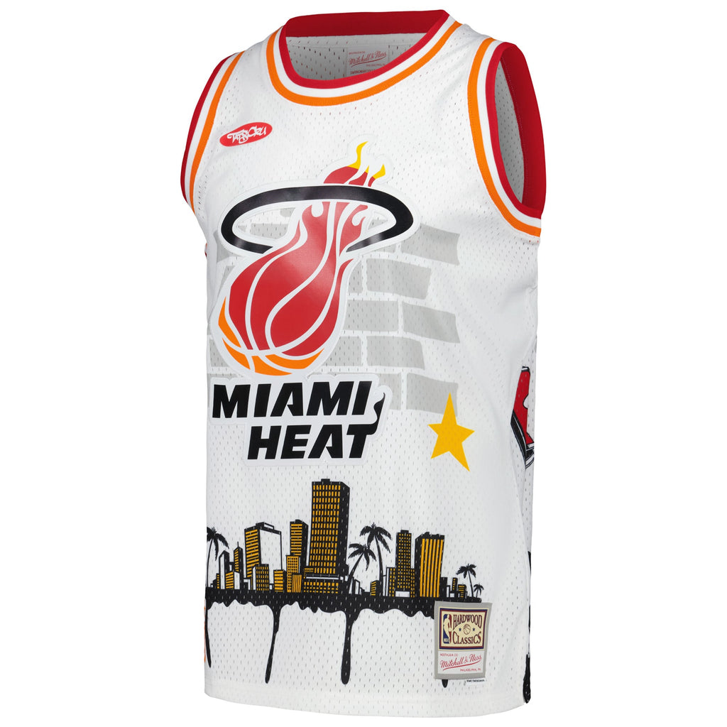 Miami Heat Mitchell & Ness x Tats Cru White Hardwood Classics Fashion Jersey for Men product image 3, provided for visual