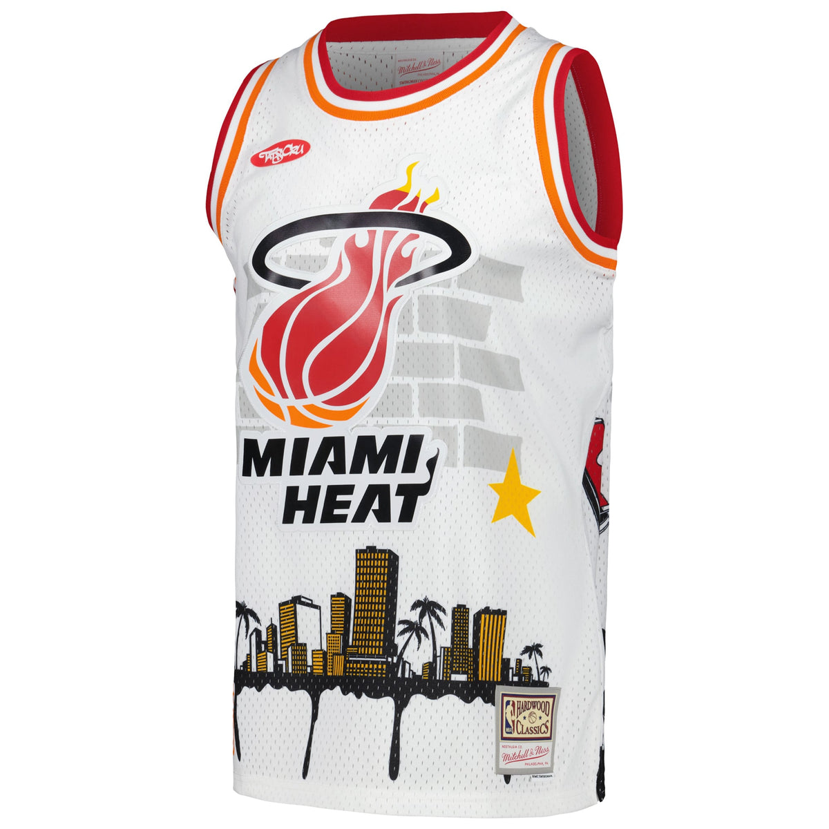 Miami Heat Mitchell & Ness x Tats Cru White Hardwood Classics Fashion Jersey for Men product image 3, provided for visual