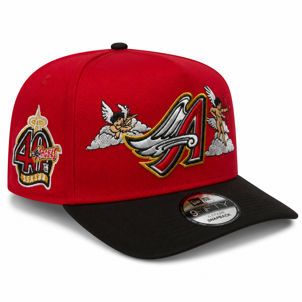 New Era Anaheim Angels 9FIFTY A-Frame Curved 40th Anniversary Patch Snapback Hat Red/Black | MLB Adjustable Cap product