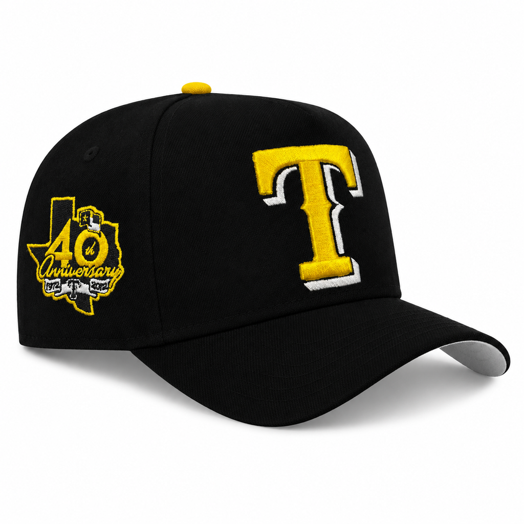 New Era Texas Rangers 9FIFTY A-Frame Curved 40th Anniversary Patch Snapback Hat Black | MLB Adjustable Cap product image 1,