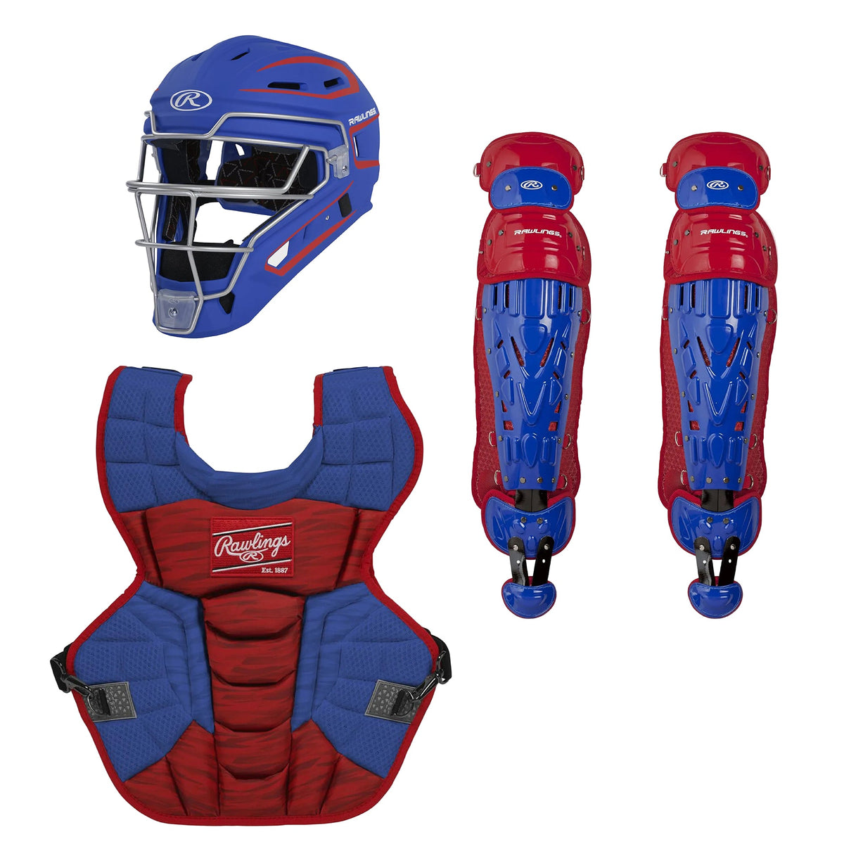 Rawlings Velo 2.0 Senior Catcher's Gear Set | Royal/Scarlet product image 1, provided for visual reference and product