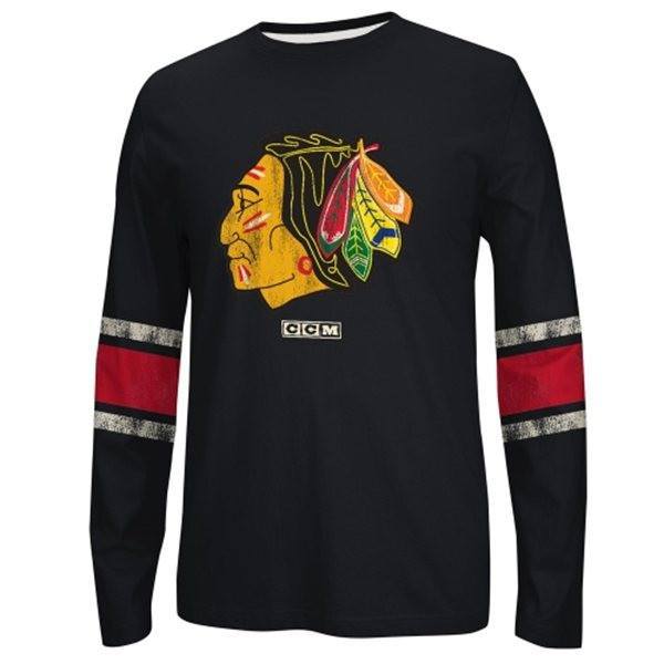 CCM Chicago Blackhawks Black Logo Long Sleeve Crew T-Shirt product image 1, provided for visual reference and product detail