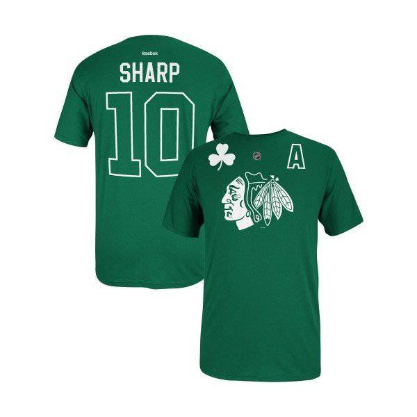 Reebok Men St. Patrick's Day Chicago Blackhawks Patrick Sharp Green T-Shirt product image 1, provided for visual reference