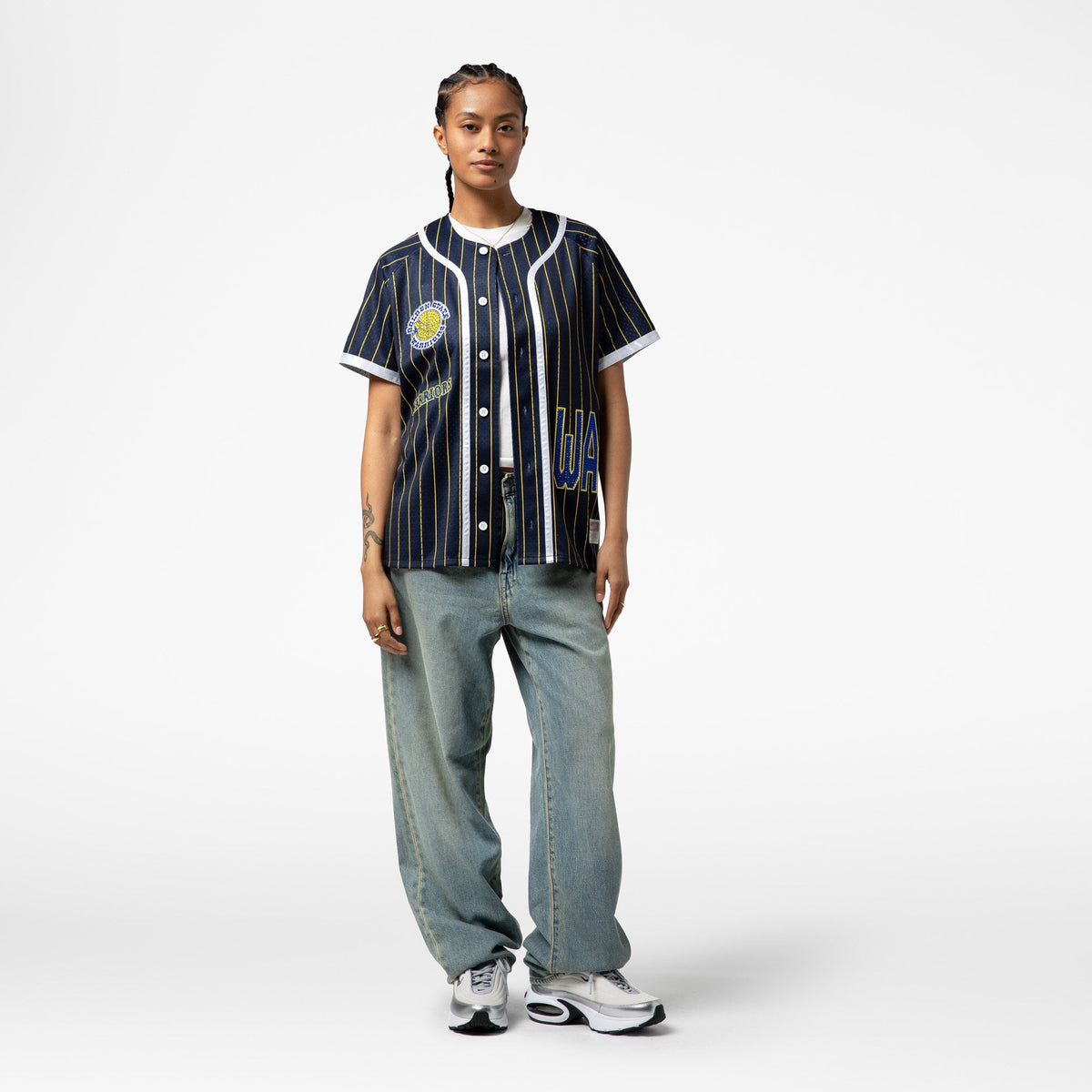 Golden State Warriors Mitchell & Ness x DANNIJO Blue Fashion Baseball Jersey for Women product image 10, provided for visual