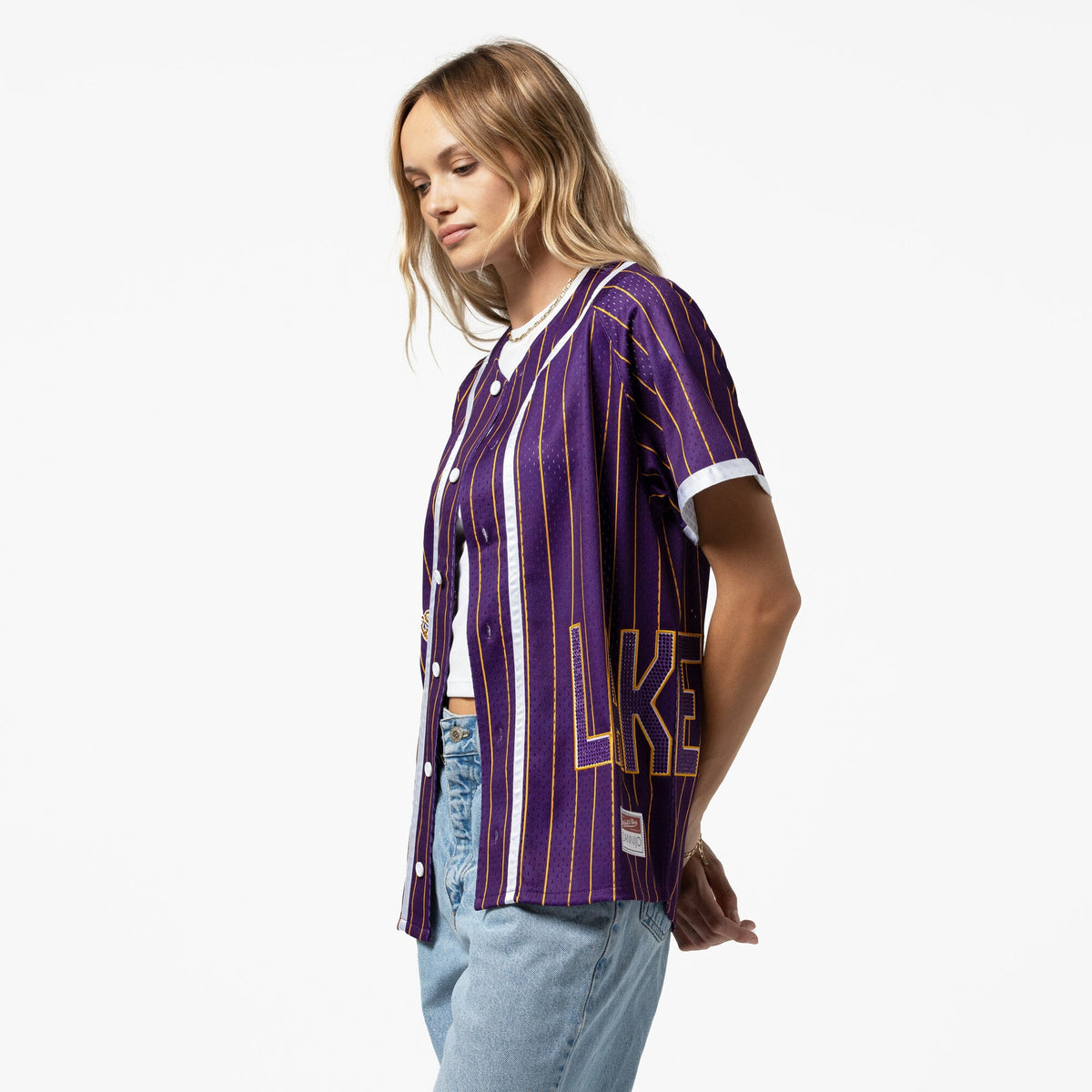 Los Angeles Lakers Mitchell & Ness x DANNIJO Purple Fashion Baseball Jersey for Women product image 10, provided for visual